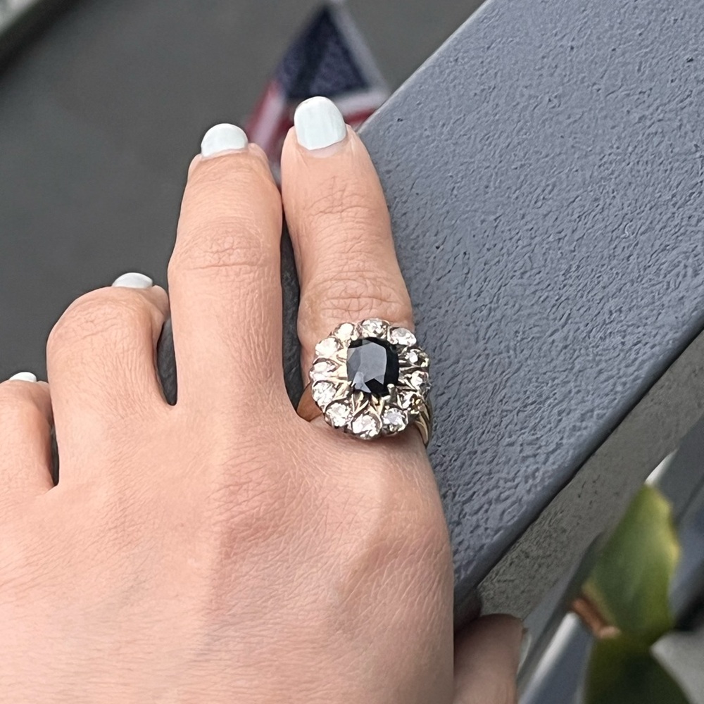ANTIQUE VICTORIAN 18K YELLOW GOLD/STERLING RING: SAPPHIRE & DIAMONDS